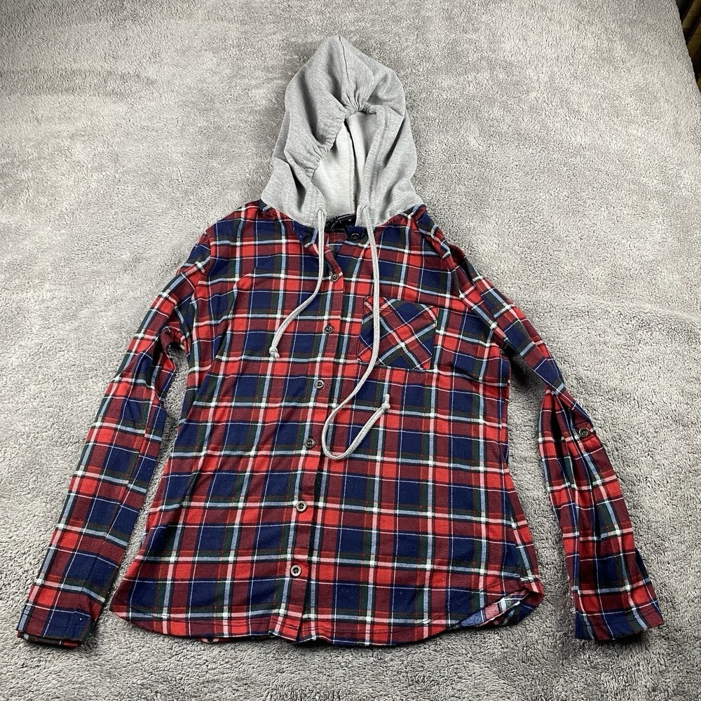 Polly & Esther Hoodie Juniors Womens Size Medium Red Black Plaid Long Sleeve